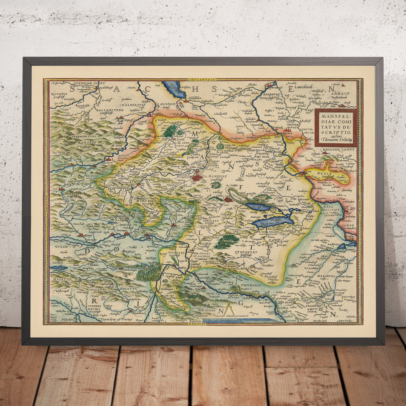 Old Map of Mansfeld District, Germany by Ortelius, 1575: Mansfeld-Südharz, Halle, Salsa River, Helm River