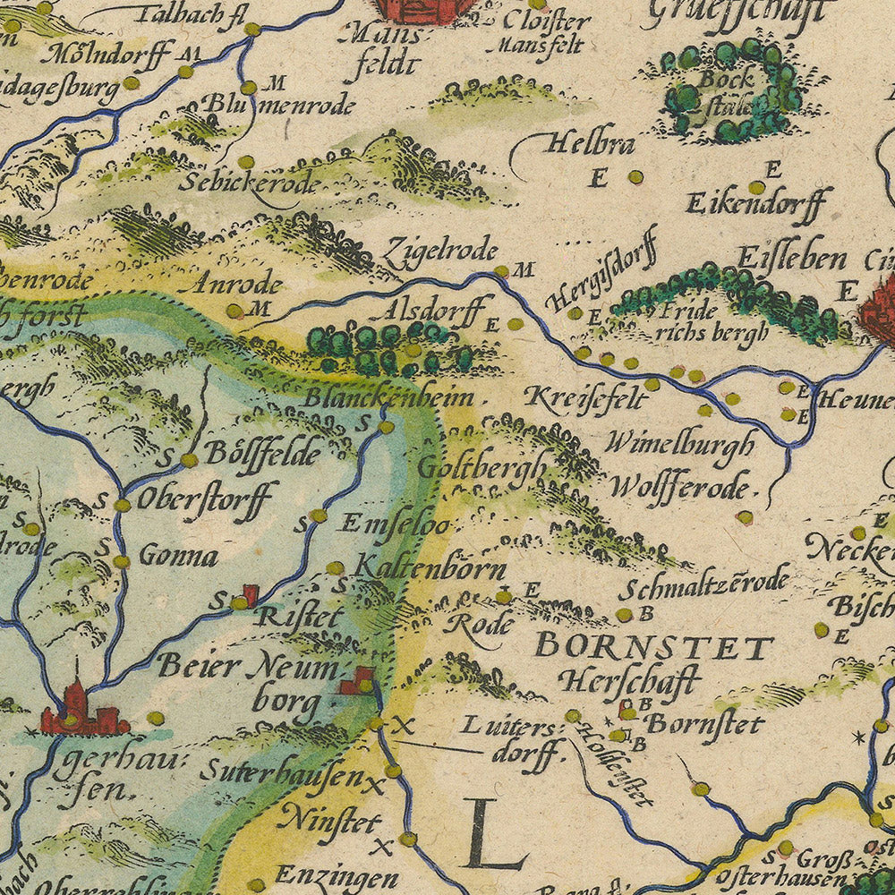 Mapa antiguo de Mansfeld de Ortelius, 1575: Mansfeld, Halle, río Salsa, río Helm, cartuchos ornamentados