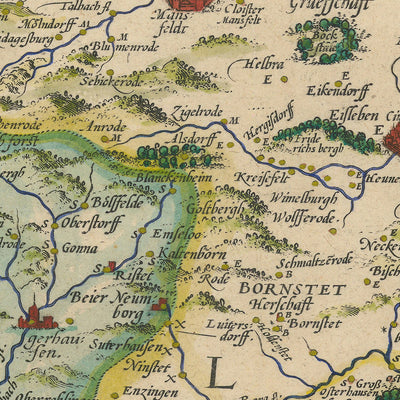 Mapa antiguo de Mansfeld de Ortelius, 1575: Mansfeld, Halle, río Salsa, río Helm, cartuchos ornamentados