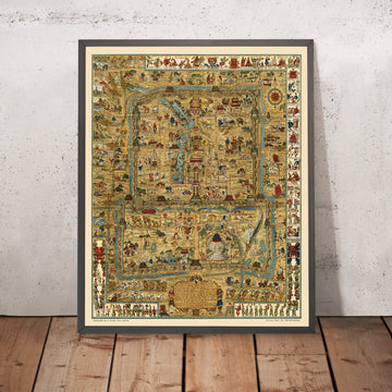 Ancienne carte picturale de Pékin par Dorn, 1936 : Cité interdite, Temple du Ciel, Palais d&