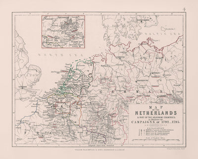 Alte Militärkarte der Feldzüge Napoleons von Johnston, 1792: Amsterdam, Brüssel, Paris, Routen, Schlachten