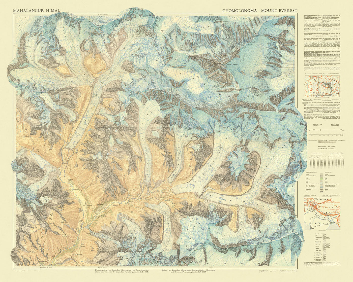 Ancienne carte de la région du mont Everest par Schneider, 1957 : Everest, glacier du Khumbu, Lhotse, Nuptse, col Sud