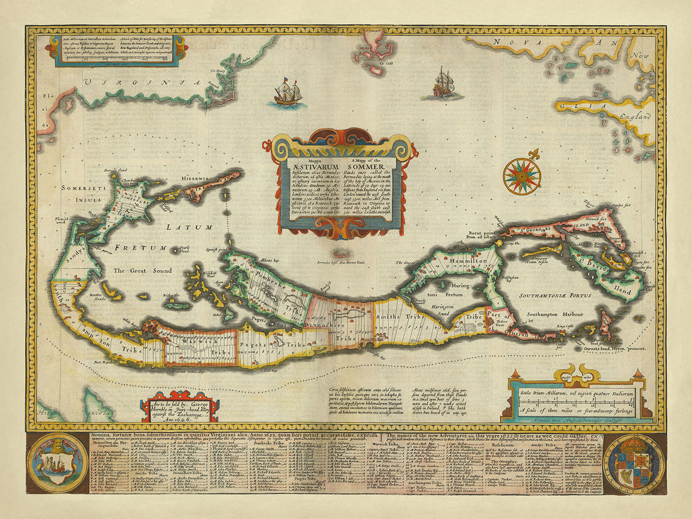 Old Map of Bermuda by Speed, 1627: Hamilton, St. George's, Great Sound, Tribes, Compass Rose