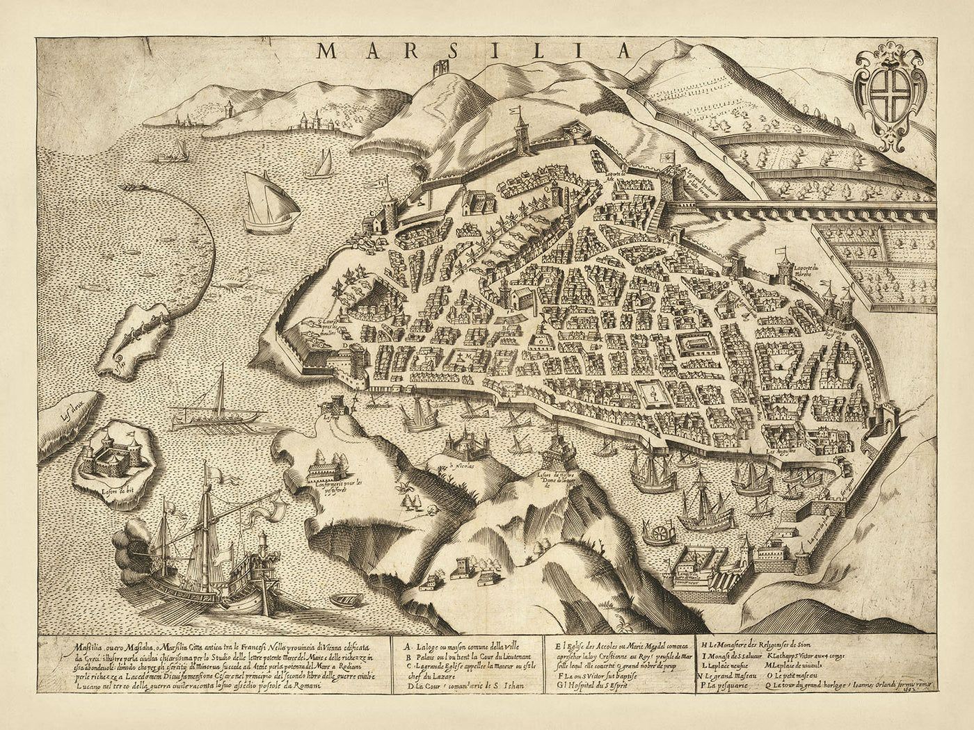 Old Bird's-eye Map of Marseille by Orlandi, 1580: Notre Dame, La Major, S. Laurent, Port, Arsenal