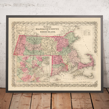 Old Map of Massachusetts by J.H. Colton, 1855: Boston, Worcester, Springfield, Lowell, and New Bedford