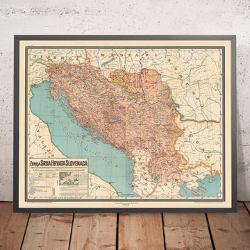 Große alte Karte von Jugoslawien von Kolin, 1917: Serbien, Kroatien, Montenegro, Slowenien, Bosnien 