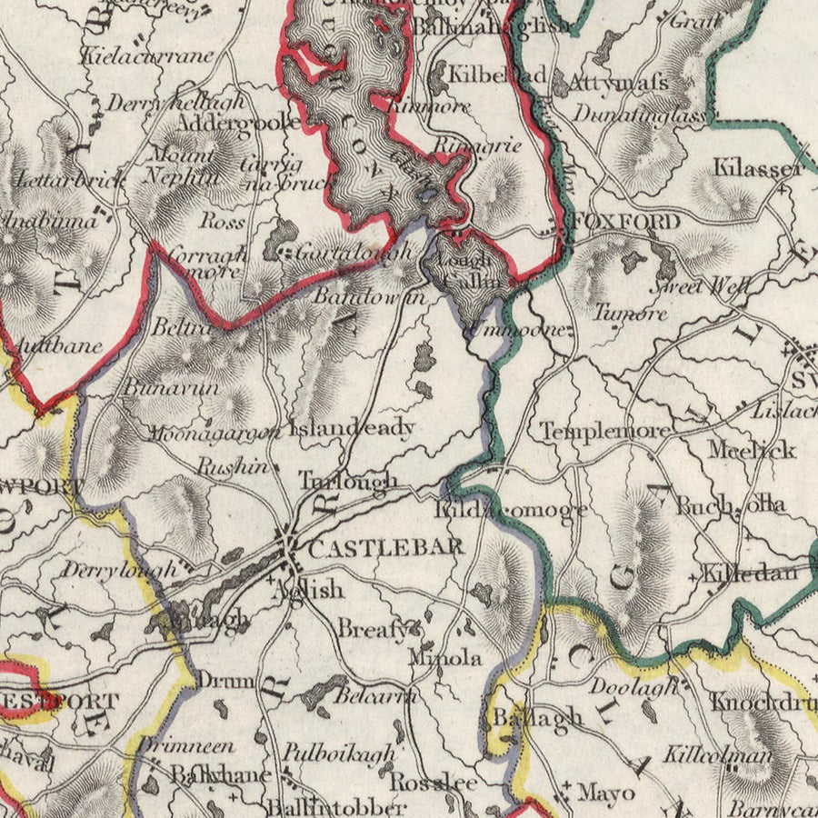 Mapa antiguo del condado de Mayo por Samuel Lewis, 1844: Westport, Ballina, Castlebar, Isla Achill, Clew Bay