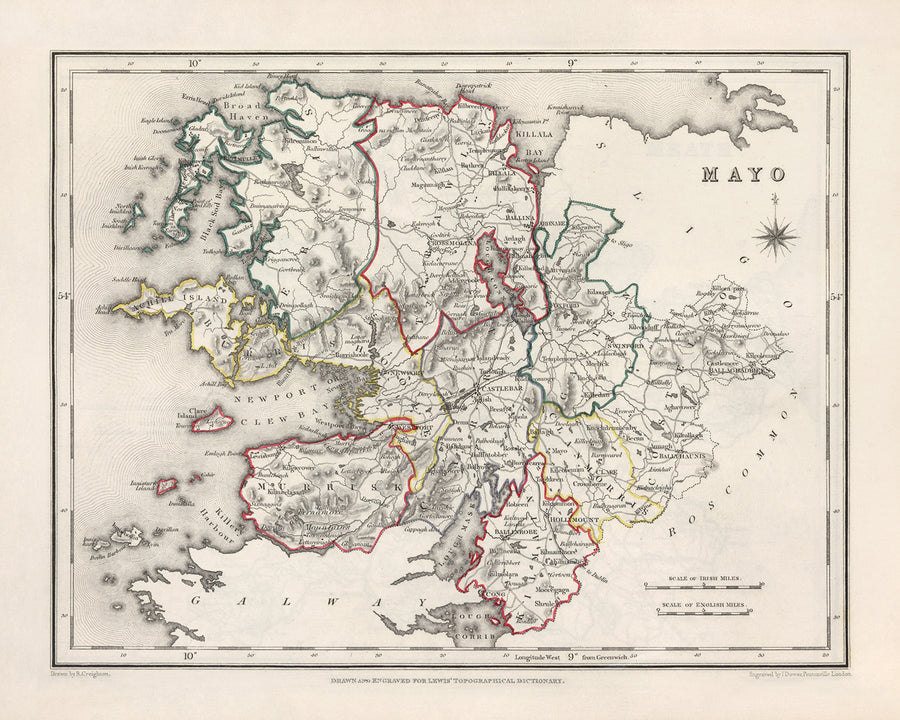 Mapa antiguo del condado de Mayo por Samuel Lewis, 1844: Westport, Ballina, Castlebar, Isla Achill, Clew Bay