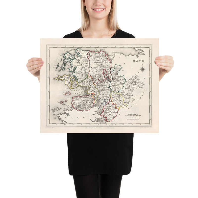Mapa antiguo del condado de Mayo por Samuel Lewis, 1844: Westport, Ballina, Castlebar, Isla Achill, Clew Bay