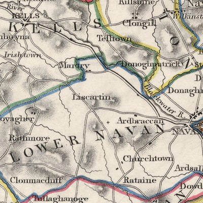 Mappa antica della Contea di Meath di Samuel Lewis, 1844: Navan, Trim, Kells, Athboy, Collina di Tara 