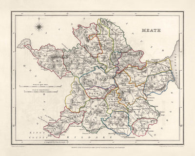 Mappa antica della Contea di Meath di Samuel Lewis, 1844: Navan, Trim, Kells, Athboy, Collina di Tara 
