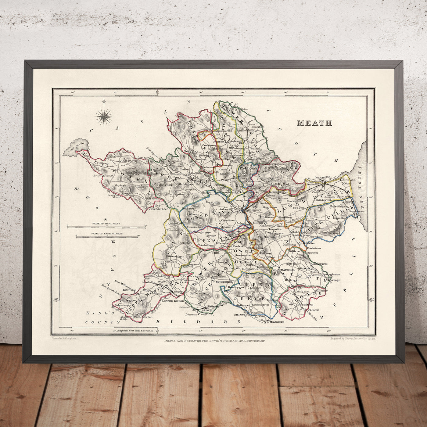 Mappa antica della Contea di Meath di Samuel Lewis, 1844: Navan, Trim, Kells, Athboy, Collina di Tara 