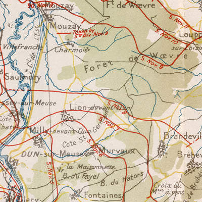 Antiguo mapa militar de la ofensiva de Meuse-Argonne de Pershing, 1918: Verdún, Montfaucon, Sedán, Romaña, Cunel