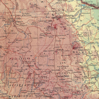 Ancienne carte du Mexique réalisée par le service topographique de l'armée polonaise, 1967 : Basse-Californie, villes frontalières entre les États-Unis et le Mexique, Houston, Texas, Mexico, représentation politique et physique détaillée