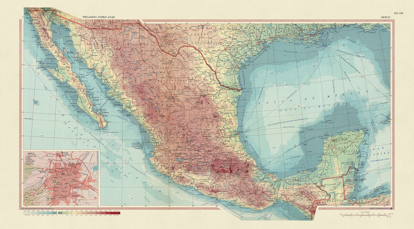 Ancienne carte du Mexique réalisée par le service topographique de l'armée polonaise, 1967 : Basse-Californie, villes frontalières entre les États-Unis et le Mexique, Houston, Texas, Mexico, représentation politique et physique détaillée