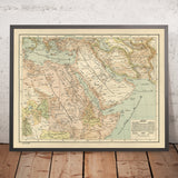 Mappa araba antica del Medio Oriente di Esref, 1893: Impero Ottomano, Gerusalemme, Mecca, Penisola Arabica 