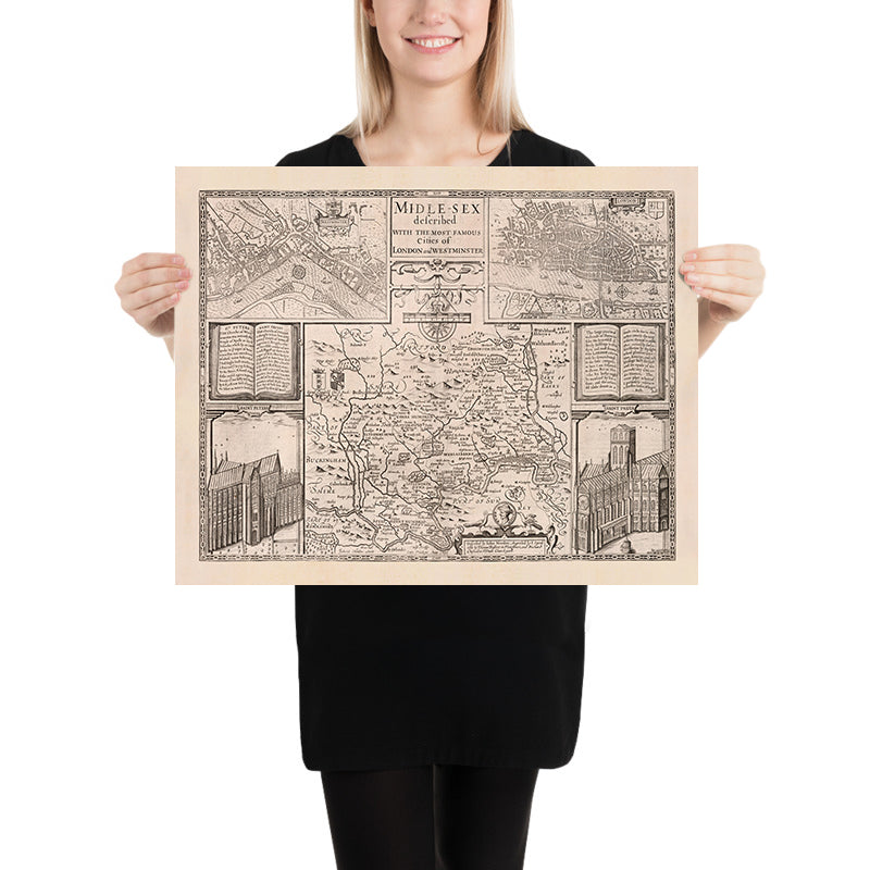 Alte Karte von Middlesex von John Speed, 1676: London, Westminster, Highgate, Harrow, Brentford und Uxbridge 