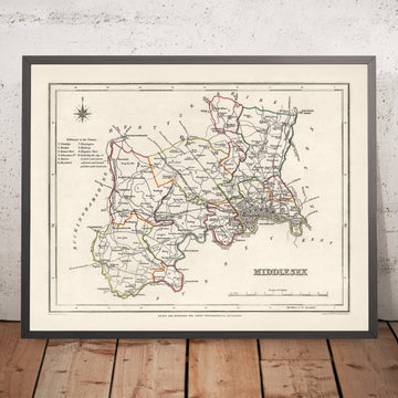 Mappa antica del Middlesex di Samuel Lewis, 1844: Londra, Westminster, Kensington, Chelsea, Richmond 