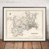 Mapa antiguo de Middlesex por Samuel Lewis, 1844: Londres, Westminster, Kensington, Chelsea, Richmond