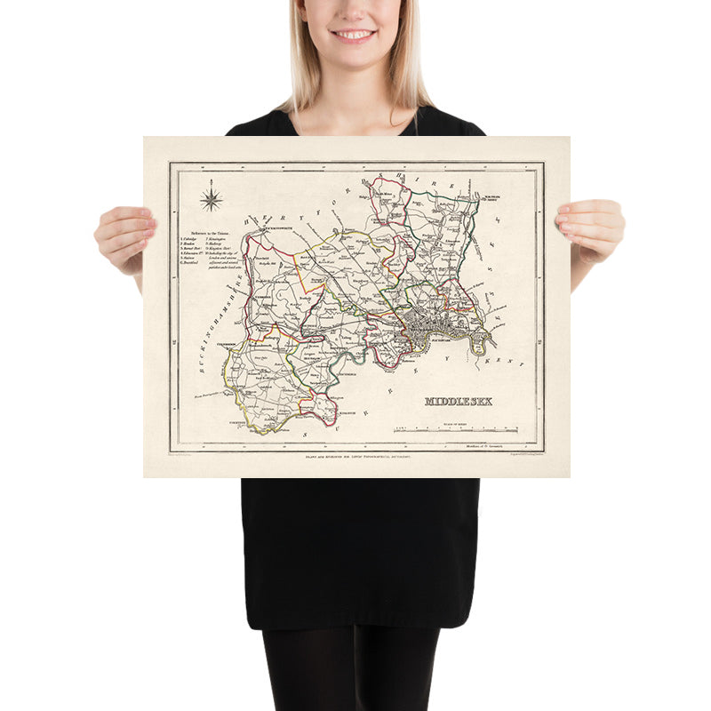 Ancienne carte du Middlesex par Samuel Lewis, 1844 : Londres, Westminster, Kensington, Chelsea, Richmond