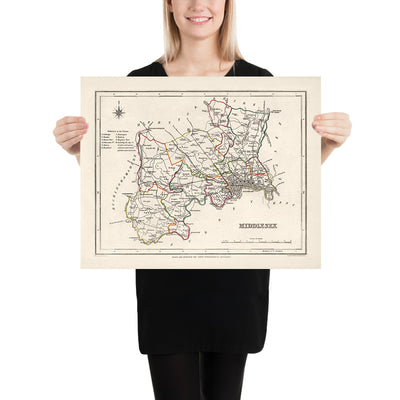 Ancienne carte du Middlesex par Samuel Lewis, 1844 : Londres, Westminster, Kensington, Chelsea, Richmond