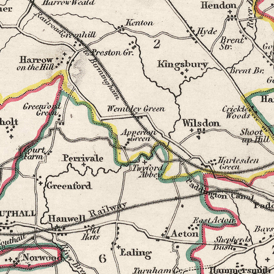 Alte Karte von Middlesex von Samuel Lewis, 1844: London, Westminster, Kensington, Chelsea, Richmond 