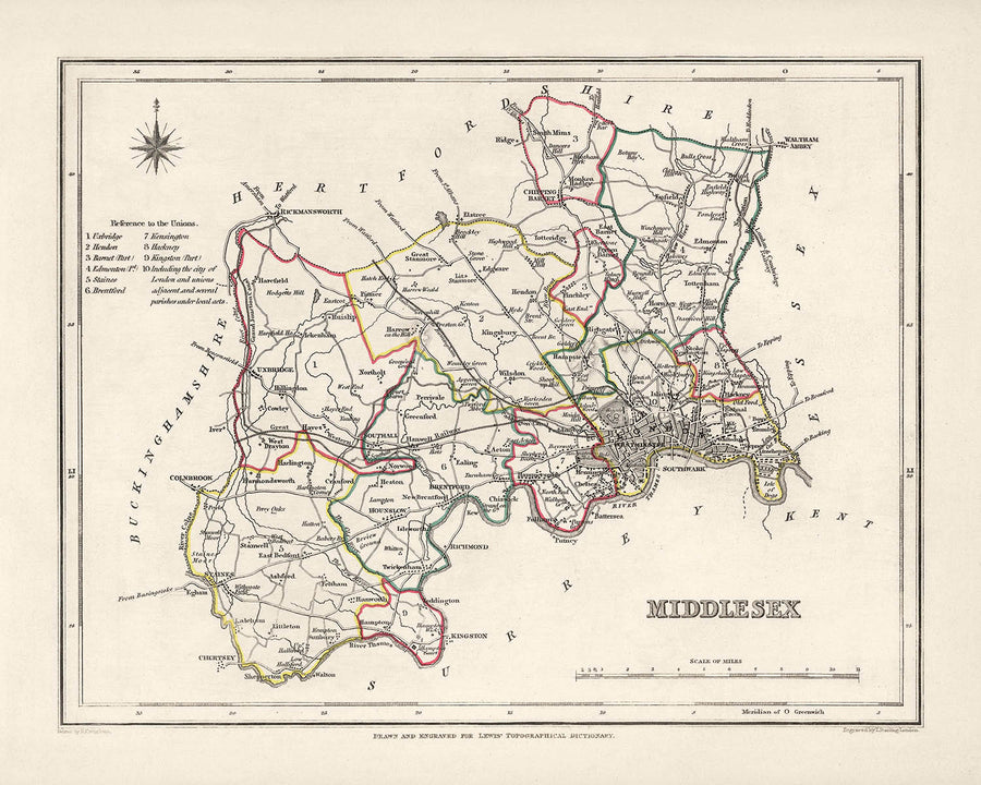 Alte Karte von Middlesex von Samuel Lewis, 1844: London, Westminster, Kensington, Chelsea, Richmond 