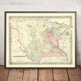 Old Map of Minnesota by J. H. Colton, 1856: St. Paul, St. Anthony, Stillwater, Mendota, and Wabasha