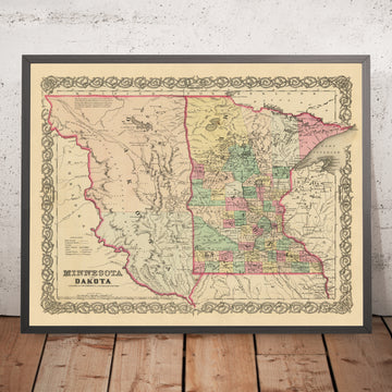 Mapa antiguo de Minnesota y Dakota de Colton, 1860: St. Paul, Minneapolis, St. Anthony, Mendota y Pembina
