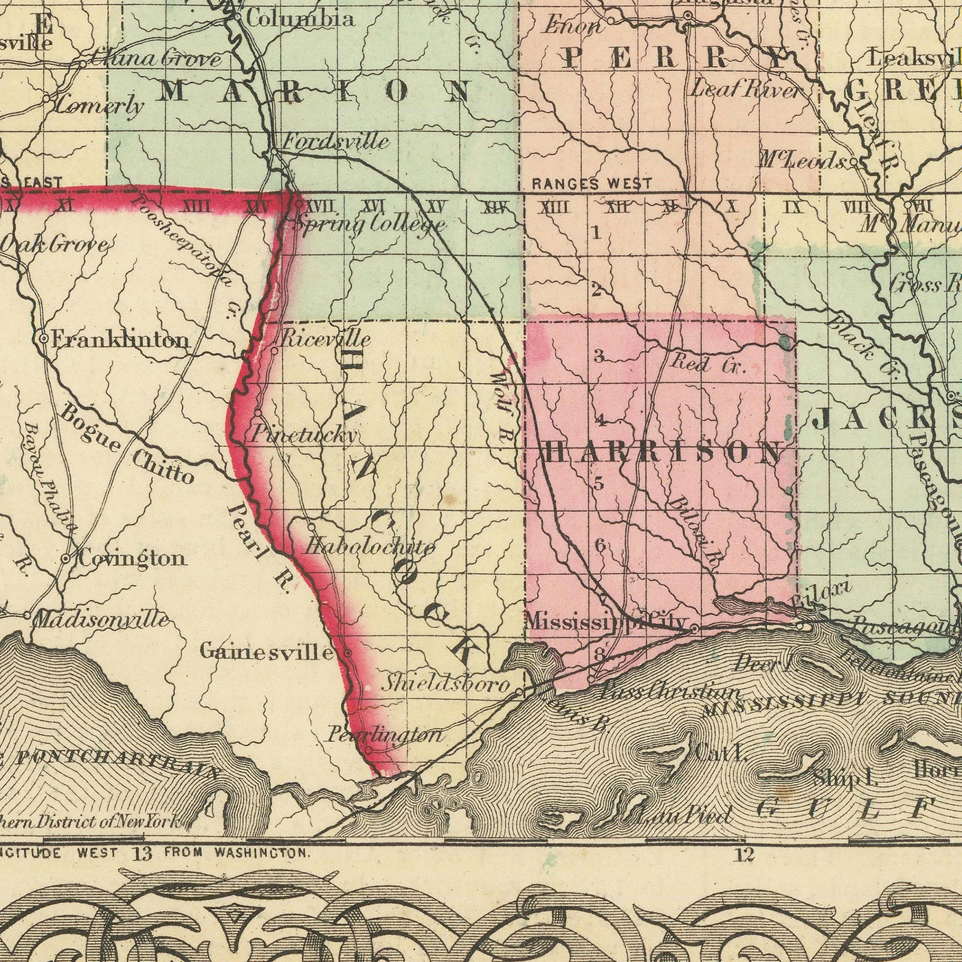 Alte Karte von Mississippi von J.H. Colton, 1855: Jackson, Vicksburg, Natchez, Columbus und Meridian 
