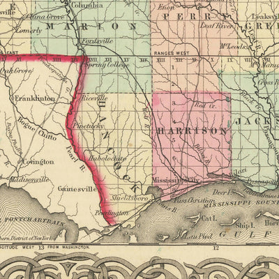 Alte Karte von Mississippi von J.H. Colton, 1855: Jackson, Vicksburg, Natchez, Columbus und Meridian 