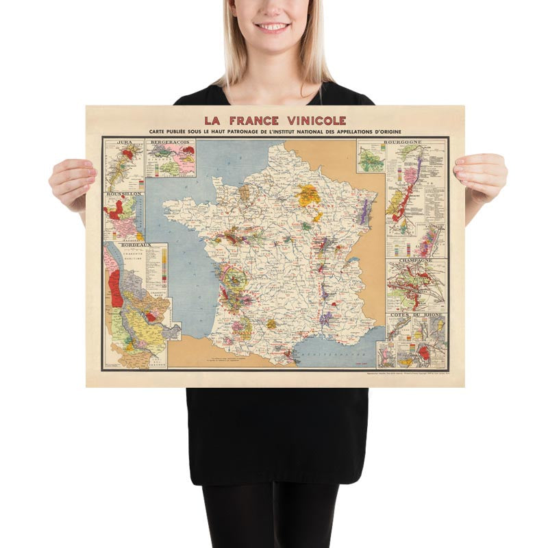 Alte Karte der Weinbaugebiete in Frankreich "La France Vinicole", 1939 - Bordeaux, Bourgogne, Champagne, Côtes Du Rhône, Bergeracois 