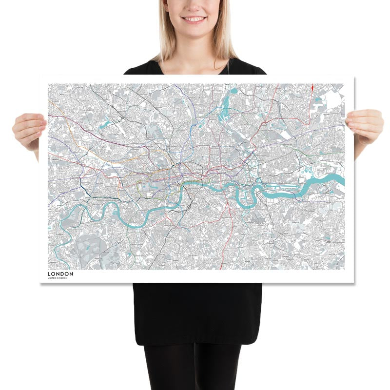 Modern London Map with Real Underground Tube & Overground Train Routes