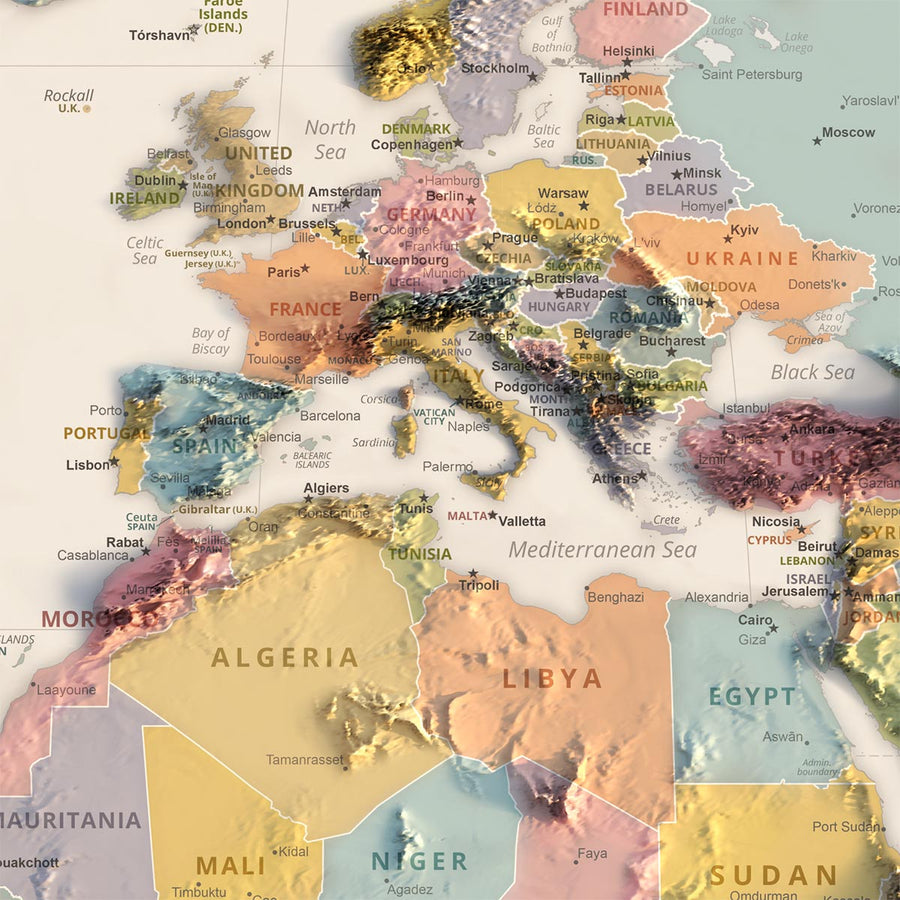 Moderne Weltkarte: Politische Grenzen, Robinson-Projektion, Hauptstädte und große Städte 