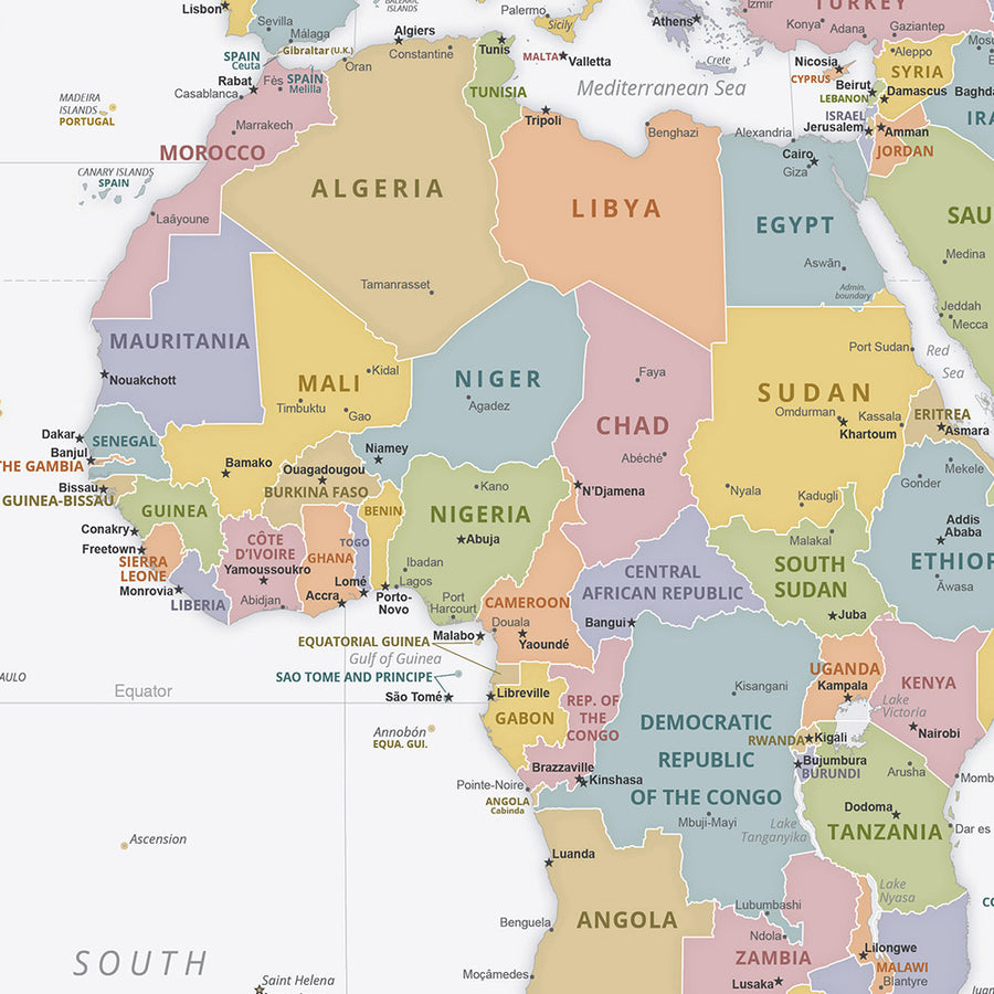 Moderne Weltkarte: Politische Grenzen, Robinson-Projektion, Hauptstädte und große Städte 