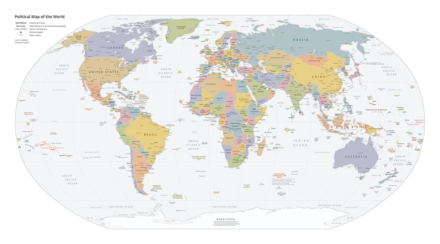 Modern World Map: Political Borders, Robinson Projection, Capitals & Major Cities