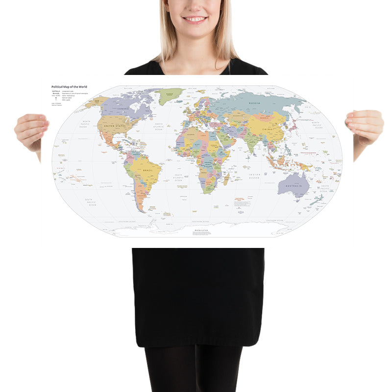 Moderne Weltkarte: Politische Grenzen, Robinson-Projektion, Hauptstädte und große Städte 