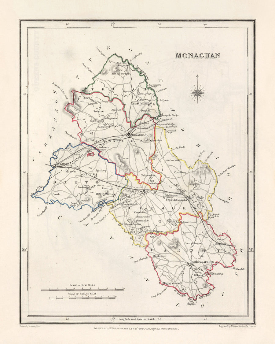 Alte Karte des County Monaghan von Samuel Lewis, 1844: Castleblayney, Clones, Ballybay, Carrickmacross, Glaslough 