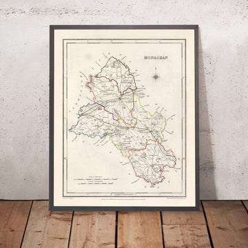 Mapa antiguo del condado de Monaghan por Samuel Lewis, 1844: Castleblayney, Clones, Ballybay, Carrickmacross, Glaslough