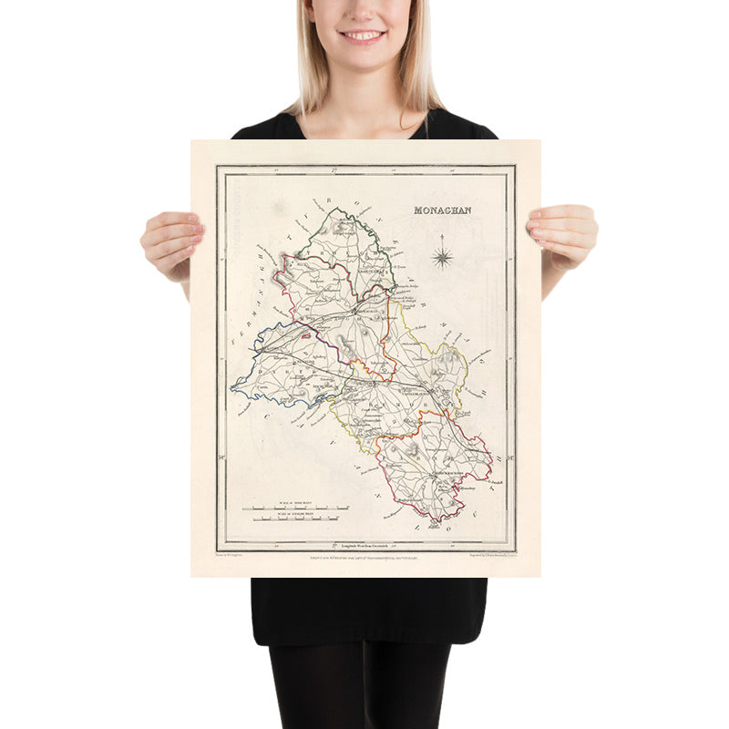 Alte Karte des County Monaghan von Samuel Lewis, 1844: Castleblayney, Clones, Ballybay, Carrickmacross, Glaslough 
