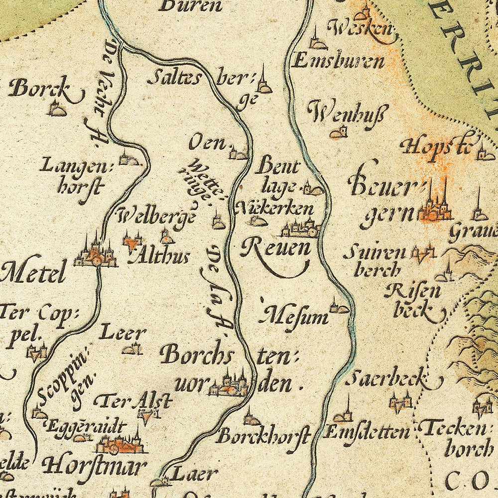 Alte Karte von Nordrhein-Westfalen und Niedersachsen von Ortelius, 1587: Münster, Osnabrück, Lippe, Wälder, verzierte Kartusche