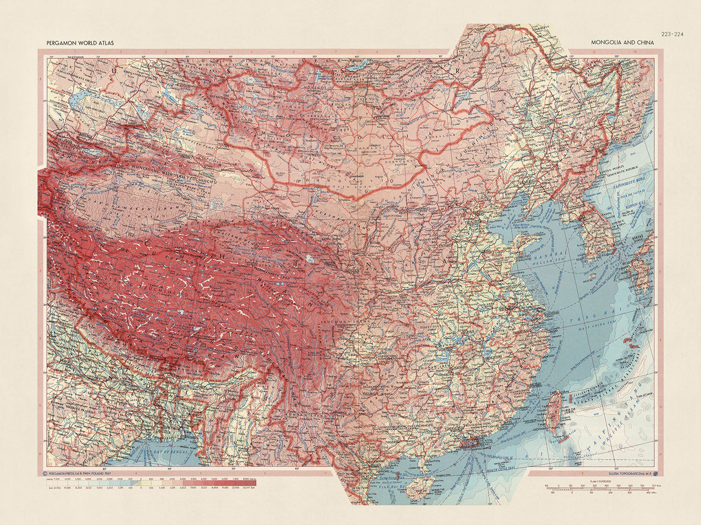 Old Map of Mongolia and China, 1967: Korea, Taiwan, Detailed Political and Physical Atlas
