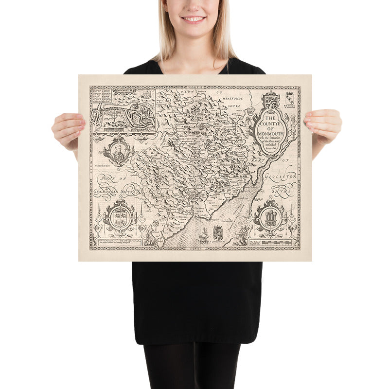 Alte Karte von Monmouthshire von Speed, 1610: Monmouth, Abergavenny, Chepstow, Newport, Usk 