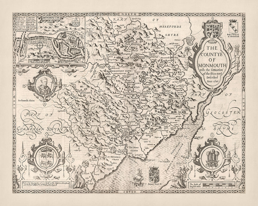Alte Karte von Monmouthshire von Speed, 1610: Monmouth, Abergavenny, Chepstow, Newport, Usk 
