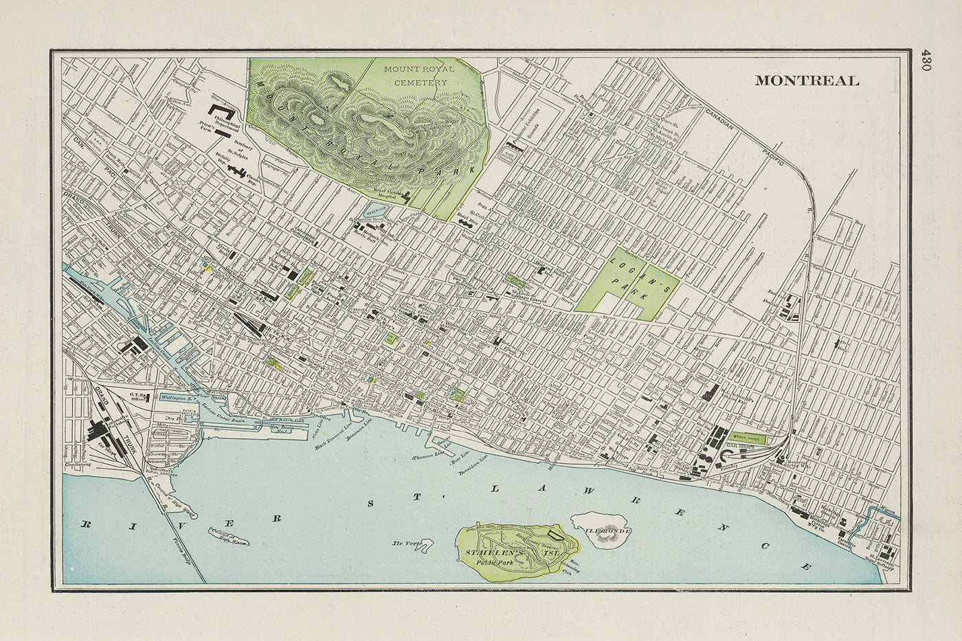 Ancienne carte de Montréal par Cram, 1901 : parc et cimetière du Mont-Royal, fleuve Saint-Laurent, Vieux-Montréal, Université McGill, parc Lafontaine