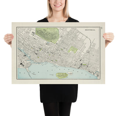 Ancienne carte de Montréal par Cram, 1901 : parc et cimetière du Mont-Royal, fleuve Saint-Laurent, Vieux-Montréal, Université McGill, parc Lafontaine