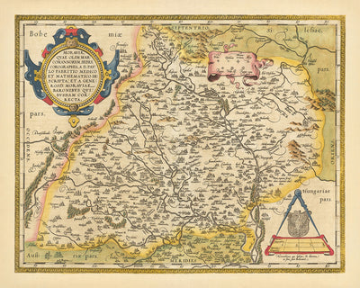 Mapa antiguo de Moravia de Ortelius, 1608: Brno, Olomouc, ríos, montañas, ciudades fortificadas