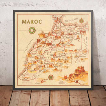 Alte Karte von Marokko von Theophile-Jean Delaye im Jahr 1950 - Casablanca, Rabat, Fes, Marrakesch, Tanger 