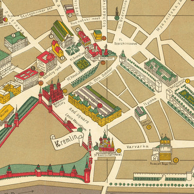 Ancienne carte pictographique de Moscou par Getmanski, 1955 : Kremlin, Place Rouge, Théâtre Bolchoï, Saint-Basile, Mausolée de Lénine