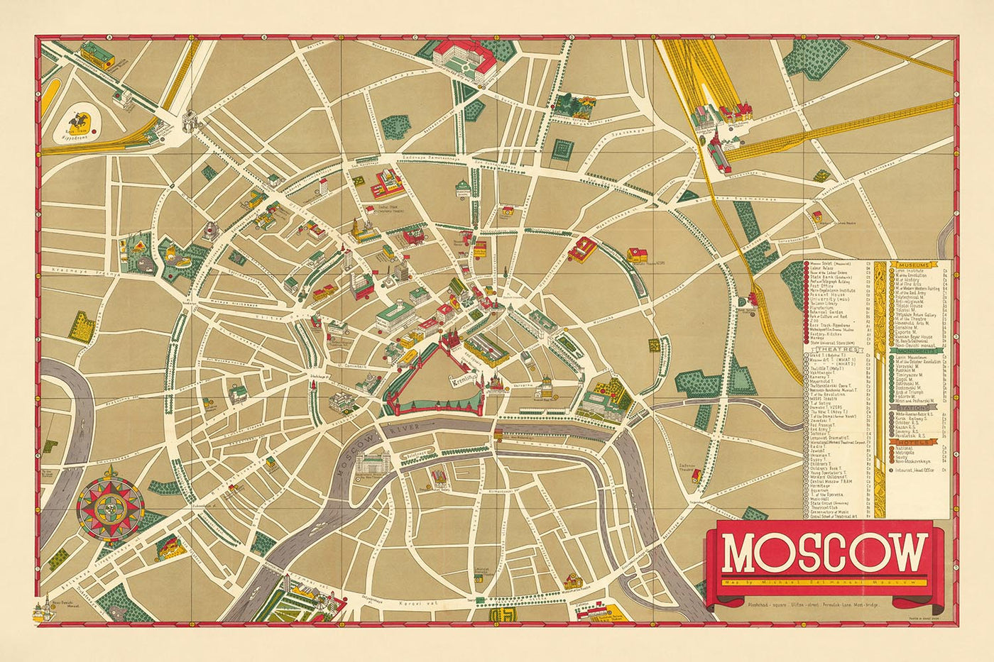 Antiguo mapa pictográfico de Moscú de Getmanski, 1955: Kremlin, Plaza Roja, Teatro Bolshoi, San Basilio, Mausoleo de Lenin